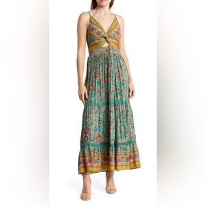 Angie Boho Floral Maxi Dress w/ Smocked Back and Peek-a-Boo Twist-Knotted Bust